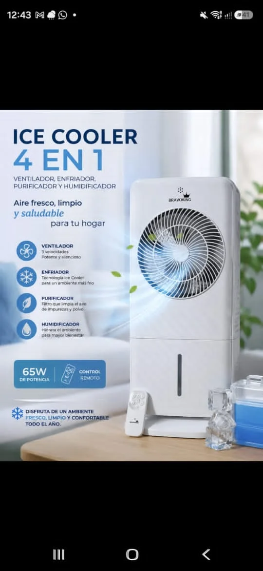 ICE COOLER, 4 en 1 una locura, ventilador,enfriador,purificador y humidificador marca Bravo King — imagen 1